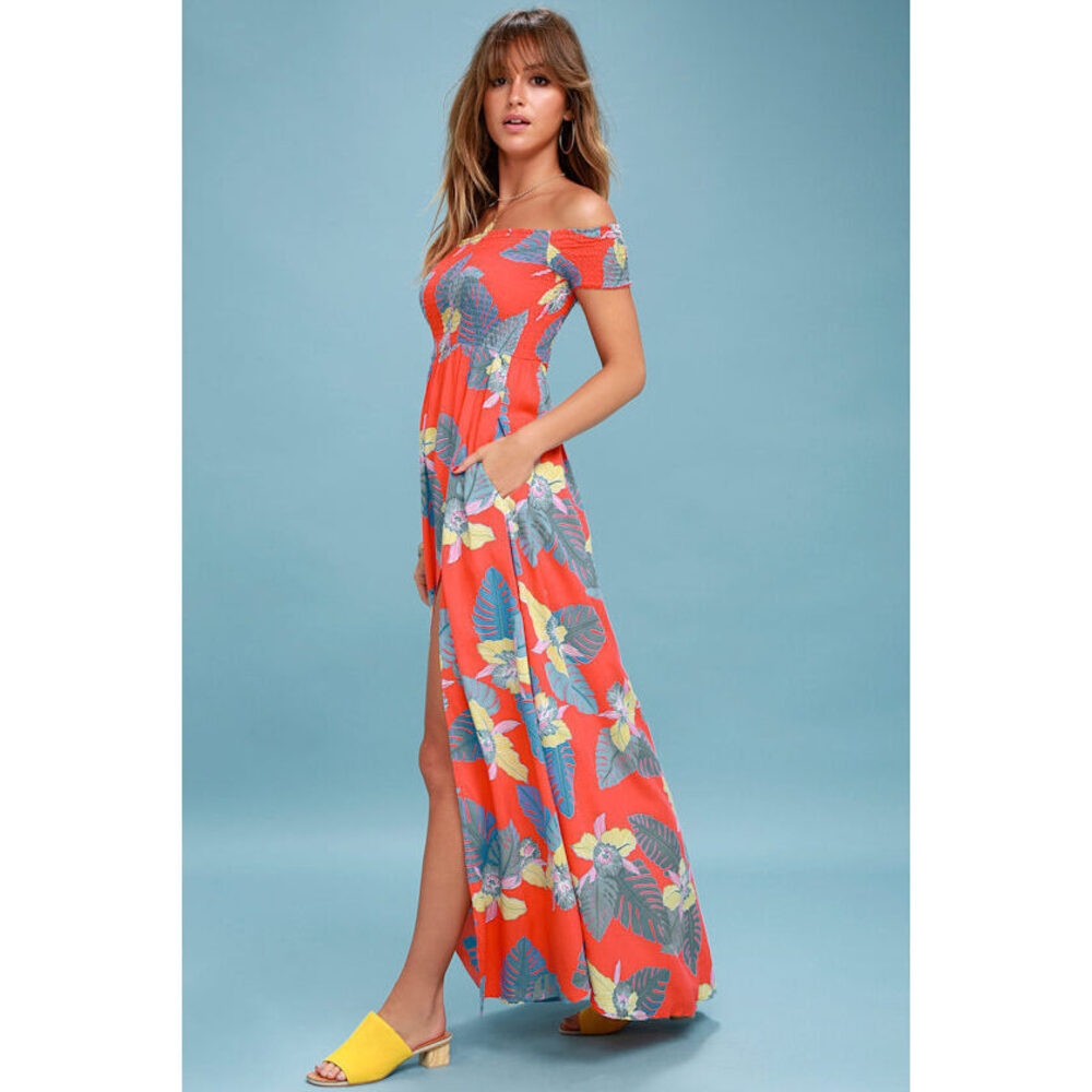 Lulus Patsy Coral Red Floral Print Off-the-shoulder Dress - Size XS